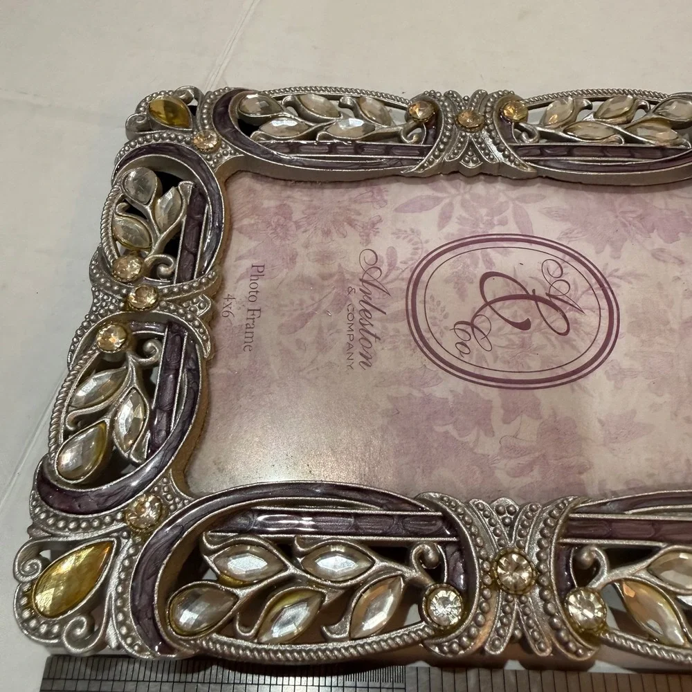 Hollywood Regency Inspired Jeweled Rhinestone 4x6 Picture Frame Ornate Silver